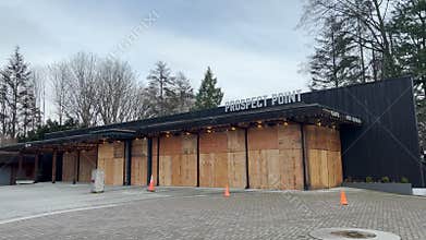 Cafe and restaurant `Prospect Point` has boarded up storefronts due to the winter season an