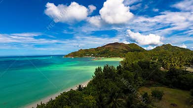 Spectacular aerial view of Anse volvert cote d`or beach on Praslin island in Seychelles