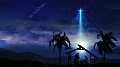 Christmas Nativity Scene with trees under starry sky