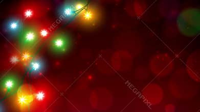 Animated colorful christmas lights. Merry Christmas happy new year holiday greeting card. Glowing lights on red background