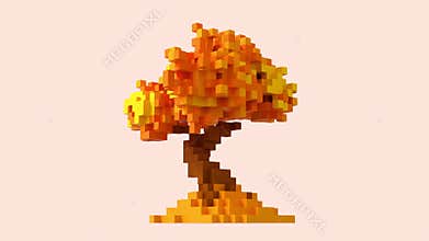 Transformation of a 3D pixel into a digital autumn tree. Seamless looped. NFT concept.