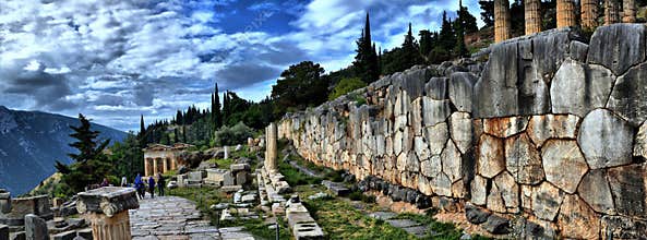 View of the main monuments and sites of Greece. Delphi. Oracle of Delphi.