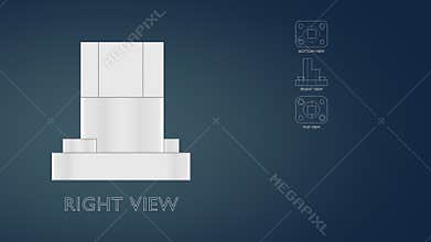 Technical drawing with orthographic views from 3D model. First angle projection method. Part of a series.