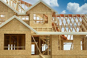 Custom Home House Maison Construction Framing Exterior Plywood Framing Cumulus Sky Background