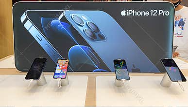 Trang, Thailand January - 3, 2021 : New release iphone 12 series show at distribution center