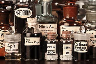 Various pharmacy bottles of homeopathic medicine