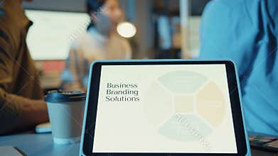 Asia businesspeople stand behind transparent glass wall listen manager pointing progress work and brainstorm meeting and worker