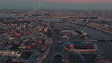 The Russian Venice, Aerial footage of center of Saint Petersburg, Russia at evening, Flight over the river and