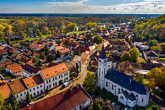 Tokaj, Hungary - Aerial view of the Heart of Jesus Church at the main square of the town of Tokaj on a sunny autumn morning