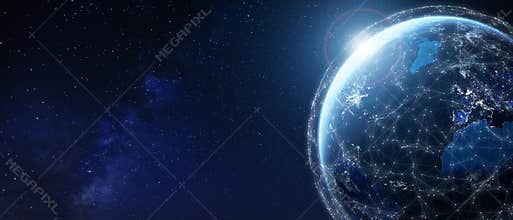 Global telecommunication network around the World with connections between data centers or satellites. Planet Earth from space,