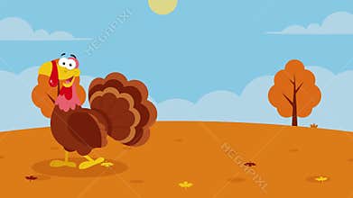 Cute Turkey Cartoon Character Walking With Fall Landscape And Text