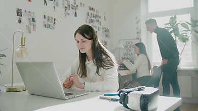 Lady presents new product conducting online video call