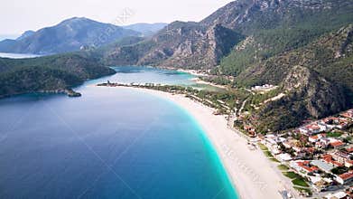 Amazing beautiful panoramic view from drone of Oludeniz Blue lagoon beach in Fethiye in Mugla
