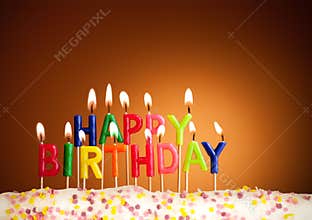 Happy birthday lit candles closeup