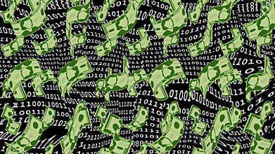Banknote rain on matrix binary code background, falling dollars, lot of money with online business, jackpot, abundance, trade on