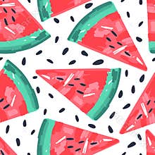 Seamless pattern with watermelons. Hand drawn watermelon slices and seeds endless wallpaper. Cute fruit backdrop.Food design for