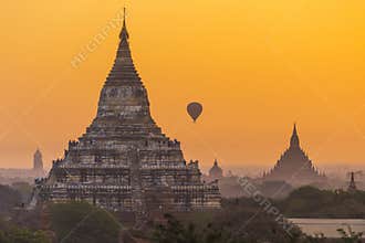 Sunrise over Bagan with air ballon
