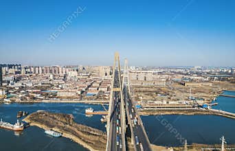 Aerial view of Haihe Bridge in Tianjin Binhai New Area