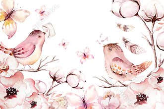Collection cute birds in vintage watercolor style. spring illustration with colorful flowers on branches tree