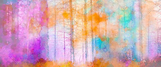 Illustration soft colorful autumn forest. Abstract fall season, yellow and red leaf on tree, outdoor landscape.