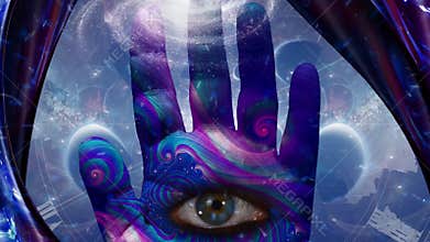 Eye in human palm. Warped space