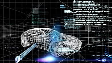 Animation of 3d car model going through a tunnel with floating data and information