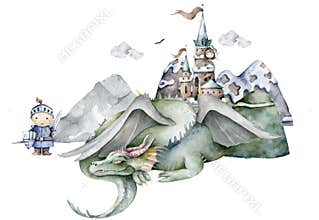 Boy knight and green dragon around mountain and castle. Adventure kid Cartoon hand drawn kid illustration on white