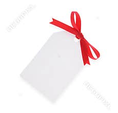 White gift tag with red bow