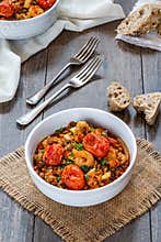 Chorizo, lentil and prawn stew