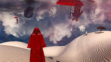 Figure in red cloak stands in desert. Man floats in red umbrella