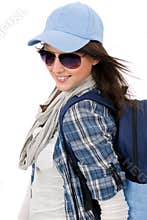 Happy female teenager wear cool outfit sunglasses