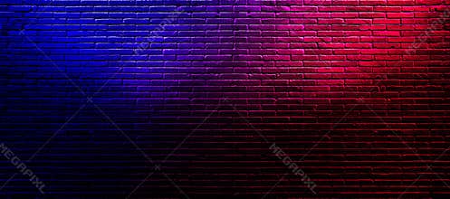 Studio dark room with lighting effect red and blue on brick wall grunge texture background for interior decoration.