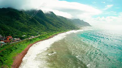 Aerial view of train on Mountain Along Pacific Coast in Taiwan