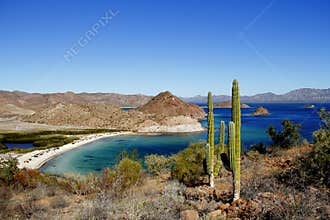 Saguaros, Mountains and Loreto bays in the sea of baja california, mexico VII
