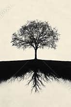 A solitary tree with an intricate root system on a contrasting background at sunset