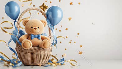 Teddy bear gift basket with blue balloons and gold star decorations