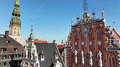 Aerial view of Riga tourist center and Melngalvju nams Blackheads House on a summer day, Latvia