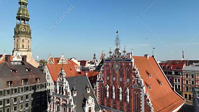 Aerial view of Riga tourist center and Melngalvju nams Blackheads House on a summer day, Latvia