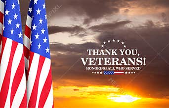 Veterans Day Background Design. USA flags against the sunset