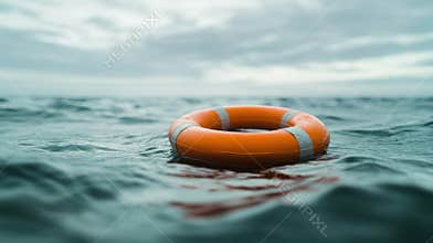 Orange lifesaver floating on calm ocean waters under cloudy sky