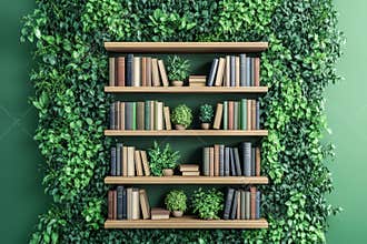 A contemporary bookshelf with plants enhances modern virtual office backdrops and studio backgrounds with a touch of