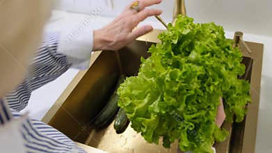 A woman s hands washing lettuce in a gold kitchen sink. The water is running from the faucet and the woman is wearing a