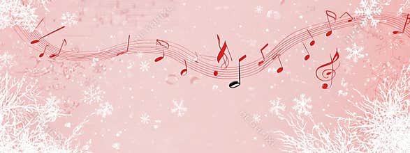 Musical notes in winter patterns on pale pink background