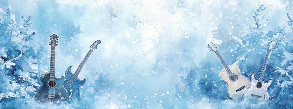 Frostcovered guitars on pastel blue watercolor background blurred edges