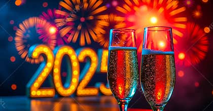 New Year Party Concept. Two Glasses Of Champagne With The Year 2025 Background And Festive Fireworks