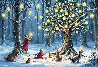 Children and animals gather around a glowing tree in a snowy forest during a magical winter night celebration