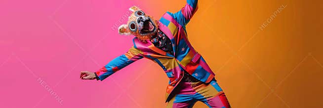 Freak in dog mask dancing, masquerade, absurd carnival, having fun in costume party, weird mask head