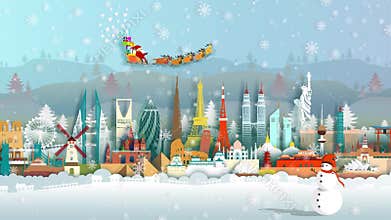 Travel landmarks world with Santa claus and Reindeers and snow sled.