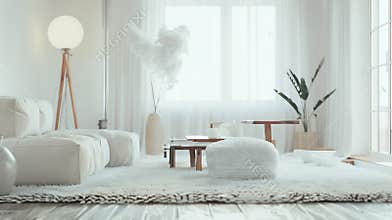 Generative AI luxury studio apartment in a loft style in light colors. Stylish modern room area with wooden floor
