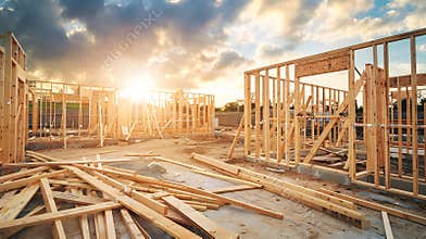 Generative AI The structure of wood framing at construction site against a vast cloudy sky with bright sun behind.